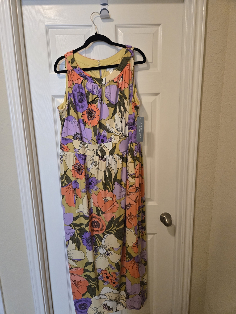 Sleeveless Floral Maxi Dress in Yellow with Purple & Coral Blooms